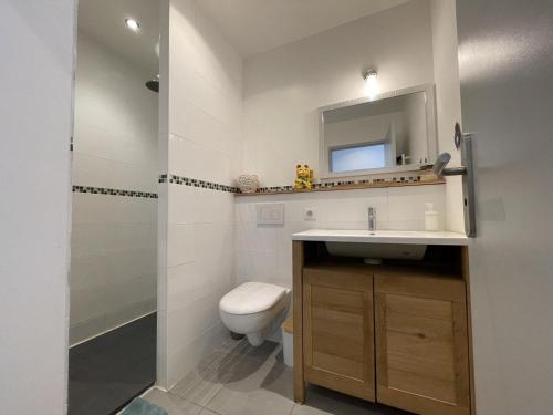 a bathroom with a toilet and a sink and a mirror at Haritza in Ahetze