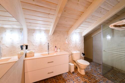 a bathroom with a toilet and a sink and a shower at הזהר הצפוני in Rosh Pinna