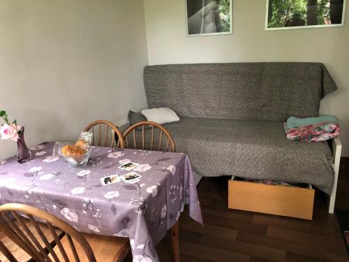 a living room with a table and a couch at Apartmány na náměstí - Kounice in Kounice