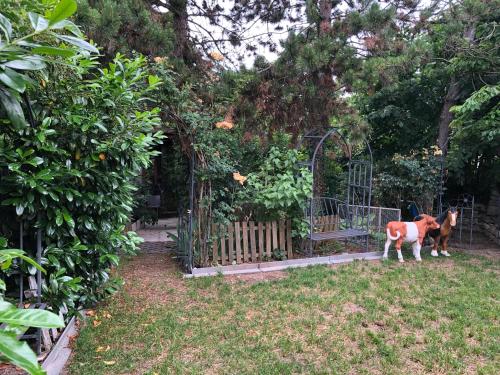 a dog standing next to a gate in a yard at Apartmány na náměstí - Kounice in Kounice