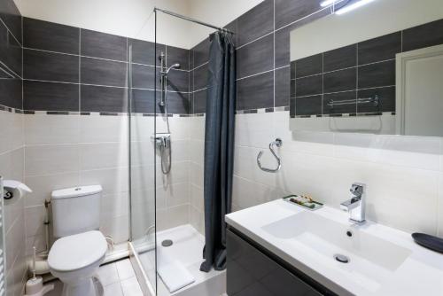 a bathroom with a shower and a toilet and a sink at Tèrra d'Automne by Rahault ConciergerieDameCarcas in Carcassonne