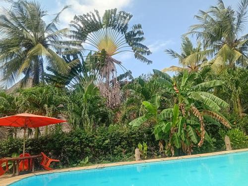 a swimming pool with palm trees in the background at HIDEOUT Villa in Ukunda