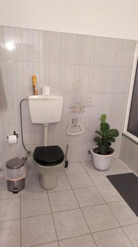 a bathroom with a toilet with a black seat and a plant at Cozy large rooms in Minde, Fatima in Minde