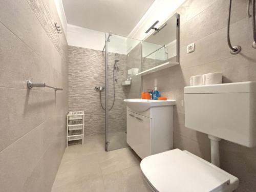 een badkamer met een douche, een toilet en een wastafel bij Apartments Venilia in Lukoran