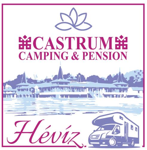a sign for a campground and a car parked next to the water at Castrum Camping & Pension in Hévíz