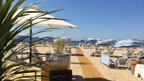 a beach with chairs and umbrellas and the ocean at Villa Blanc Fayence in Tourrettes