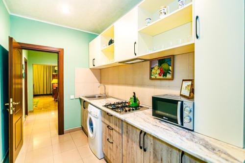 una cucina con lavello e fornello di PRAMİDA Apartment a Baku