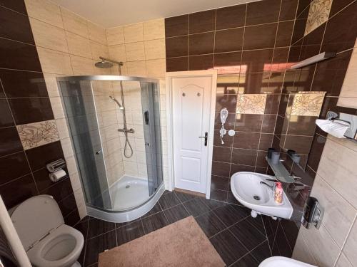 a bathroom with a shower and a toilet and a sink at Hotel Korek in Frýdek-Místek