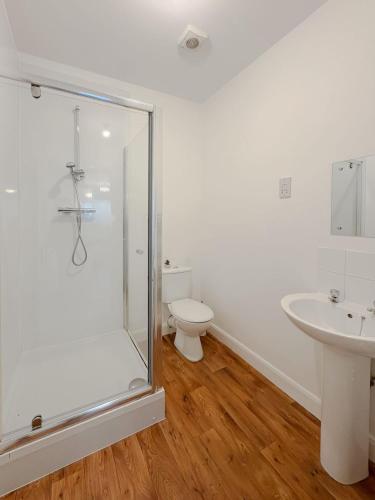 a bathroom with a shower and a toilet and a sink at Euston Road - Beach Apartment 8 in Great Yarmouth
