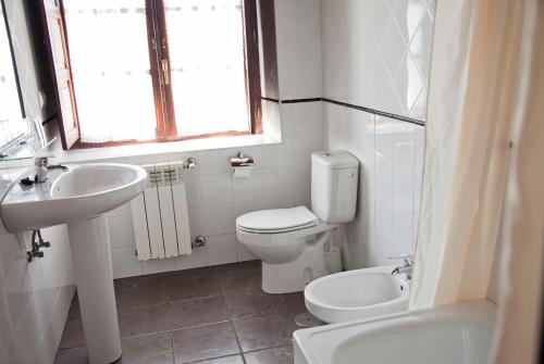 a bathroom with a toilet and a sink and a window at Posada La Roblera in Oreña