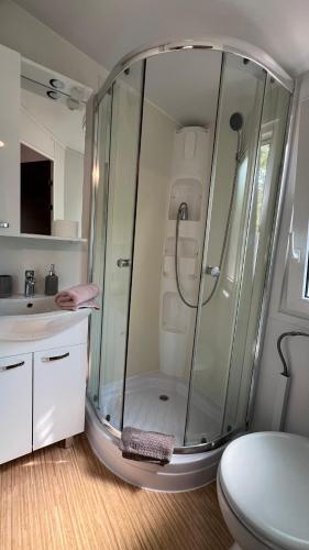 a bathroom with a shower with a toilet and a sink at Zelena Laguna Mobile Homes in Poreč