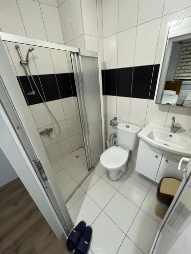 a bathroom with a shower and a toilet and a sink at Elit 61 Hotel in Trabzon