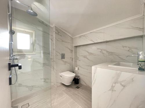 une salle de bain avec une douche, des toilettes et un lavabo dans l'établissement Villa Anastasia, à Elani
