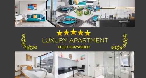 a collage of photos of a living room and a kitchen at Modern Luxury Apartment -Prime South Yarra Location, Melbourne in Melbourne