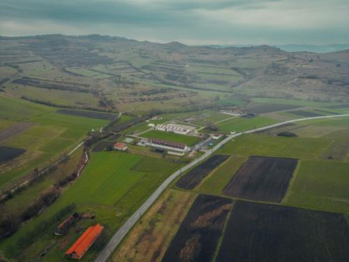 an aerial view of a field with a road at Sólyom Major - Gut Falkenhof in Şoimuşu Mic