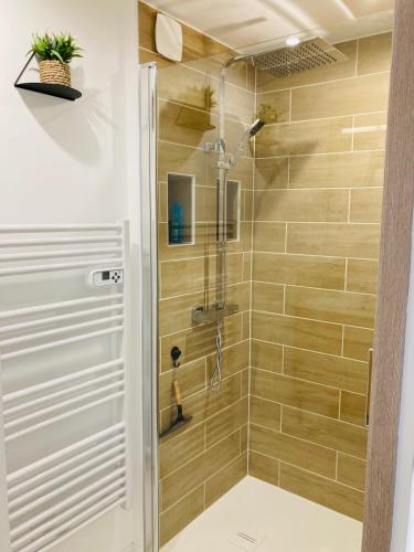 a shower stall in a bathroom with wooden tiles at Logement cosy en centre ville in Talmont