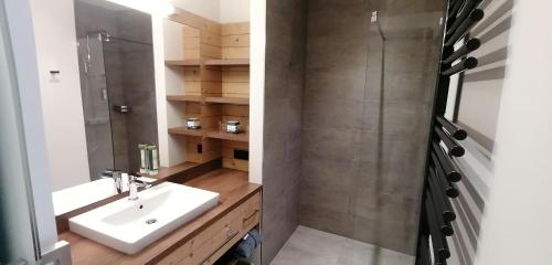 a bathroom with a sink and a shower at Hotel Schwarz Alm Zwettl in Zwettl Stadt
