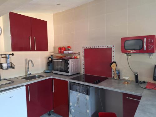 une cuisine avec des armoires rouges et un micro-ondes dans l'établissement Studio Blue House, à Vitrolles