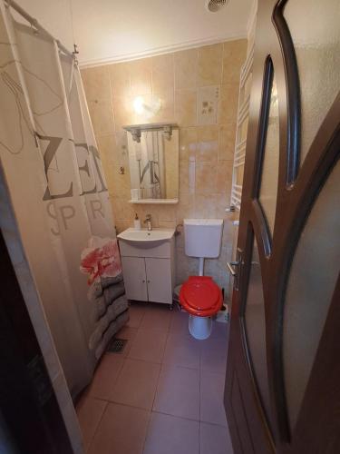 a bathroom with a red toilet and a sink at Strada Banu Mihalcea Nr. 150 in Constanţa