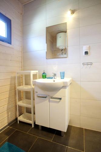 a bathroom with a white sink and a shelf at Domki Tabaluga in Rusinowo