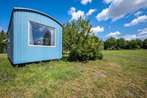 a blue tiny house with a window in a field at Tiny Haus in Fitzen