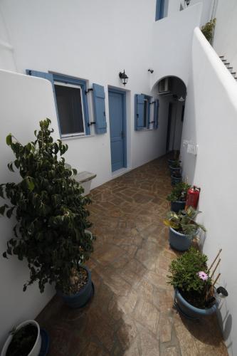 a hallway with potted plants and blue doors at Casaprimavera in Katapola
