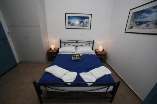 a bedroom with a blue bed with two pillows at Casaprimavera in Katapola
