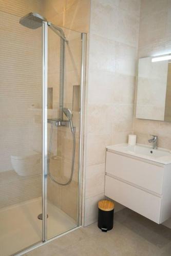 une salle de bain avec douche et lavabo dans l'établissement Loft vue mer - Angoulins - Villa Oasis, à Angoulins-sur-Mer
