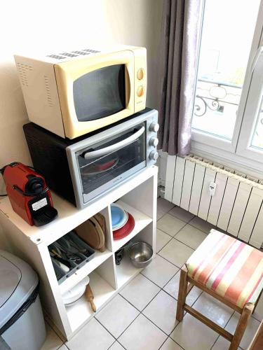 - un four micro-ondes installé au-dessus d'une télévision sur une table dans l'établissement Studio Eléphants 2, à Chambéry