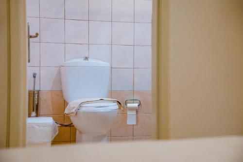 a bathroom with a white toilet in a room at Princess Hotel in Lassi
