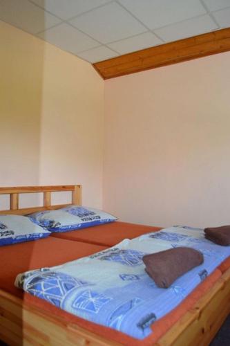 a bedroom with two beds with blue sheets at Penzion u Hada in Chomutov