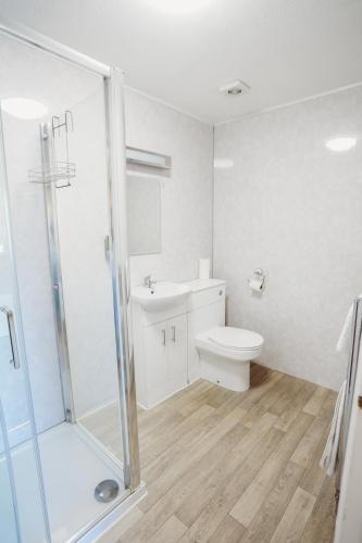 a bathroom with a shower and a toilet and a sink at The Appleby Inn Hotel in Appleby Magna