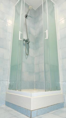 une douche avec une porte vitrée dans une salle de bain dans l'établissement Central place close to the beach AC air , WI FI, parking, à Nice