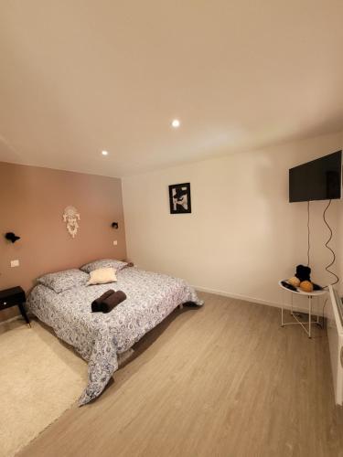 a bedroom with a bed and a flat screen tv at Chez LouLou, cocon paisible 