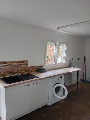a kitchen with a sink and a washing machine at Rosalie's House in Pommerit-Jaudy