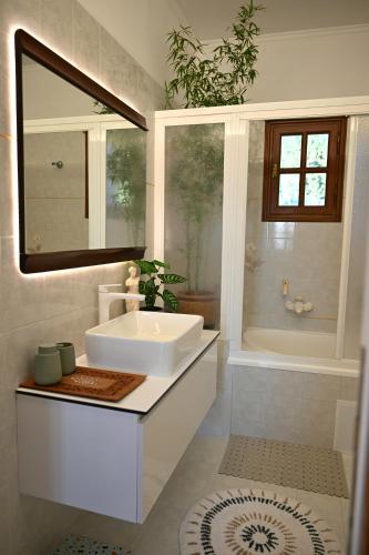 a bathroom with a tub and a sink and a shower at Villa Sea View Gem Steps to Zia Square Hot Tub in Lagoúdi Zía