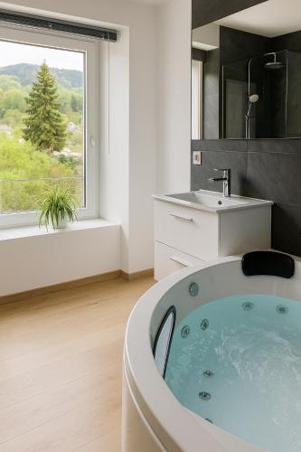 une salle de bain avec une baignoire, un lavabo et une fenêtre dans l'établissement Le Refuge Balnéo - Nature & Bien-Être à Saint Dié, à Saint-Dié-des-Vosges