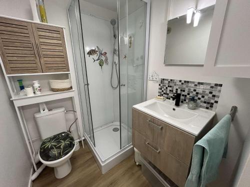 une salle de bain avec une douche, des toilettes et un lavabo dans l'établissement Charmant T2 à 1200m de la plage avec balcon, parking privé et ménage inclus à Saint-Jean-de-Monts - FR-1-224C-312, à Saint-Jean-de-Monts
