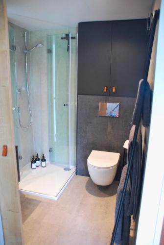 a bathroom with a glass shower and a toilet at Kilima Retreats in West Quantoxhead