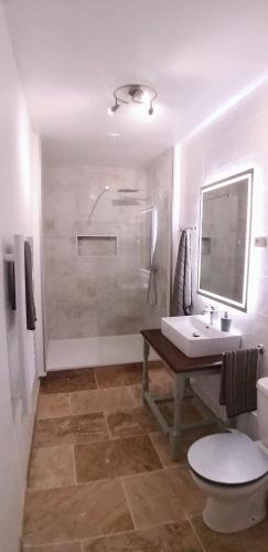 une salle de bain avec toilettes, lavabo et douche dans l'établissement Hortensia & Rose Gites, à Montpezat