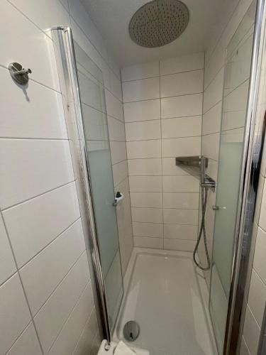 a shower with a glass door in a bathroom at Avenue Das Gästehaus in Chemnitz