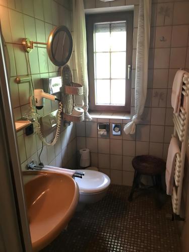 a bathroom with a sink and a toilet and a window at Haus Bachschwalbe in Sasbachwalden