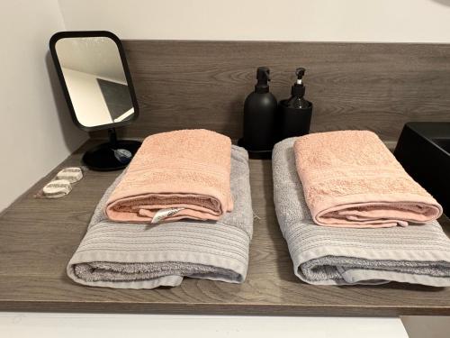 a wooden shelf with towels and a mirror on it at Le Pinot in Chouilly