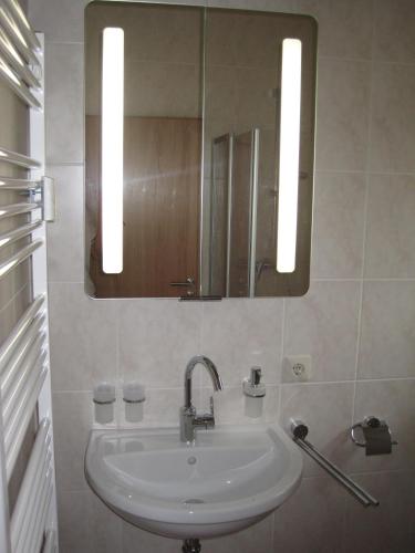a bathroom with a sink and a mirror at Ferienhof auf dem Berg in Gossersweiler-Stein