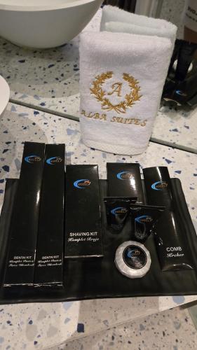 a group of products sitting on top of a counter at Alba Suites in Vlorë