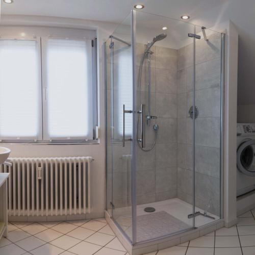 a shower with a glass door in a bathroom at Ferienwohnungen Manz in Überlingen