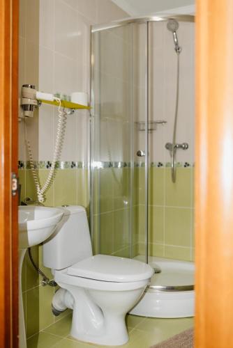 a bathroom with a toilet and a shower and a sink at Golden park Apartments in Umanʼ