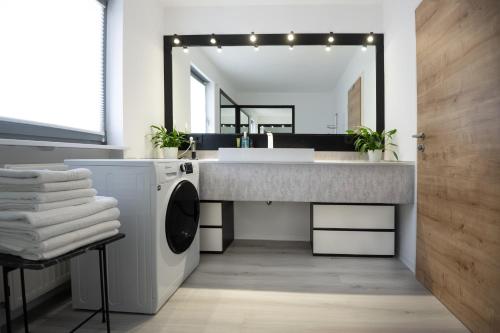 een badkamer met een wastafel en een spiegel bij CASA 8070 - Modern Living - Große Maisonette für Familien, Gruppen & Geschäftsreisende in Ingolstadt