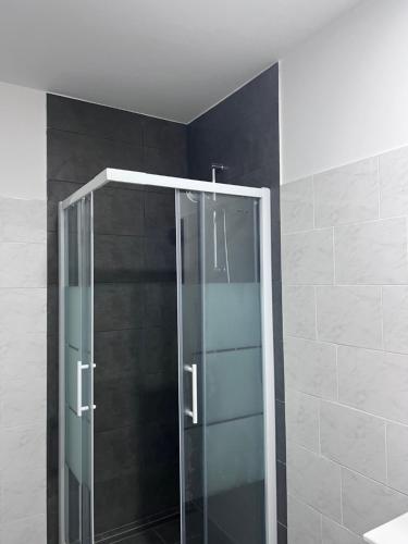 a glass shower in a bathroom with a black wall at ROYAL RACiNG SUiTE TOP 2 in Judenburg