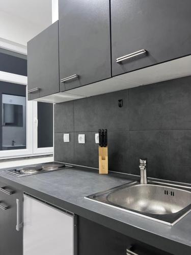 a stainless steel kitchen with a sink and cabinets at ROYAL RACiNG SUiTE TOP 2 in Judenburg